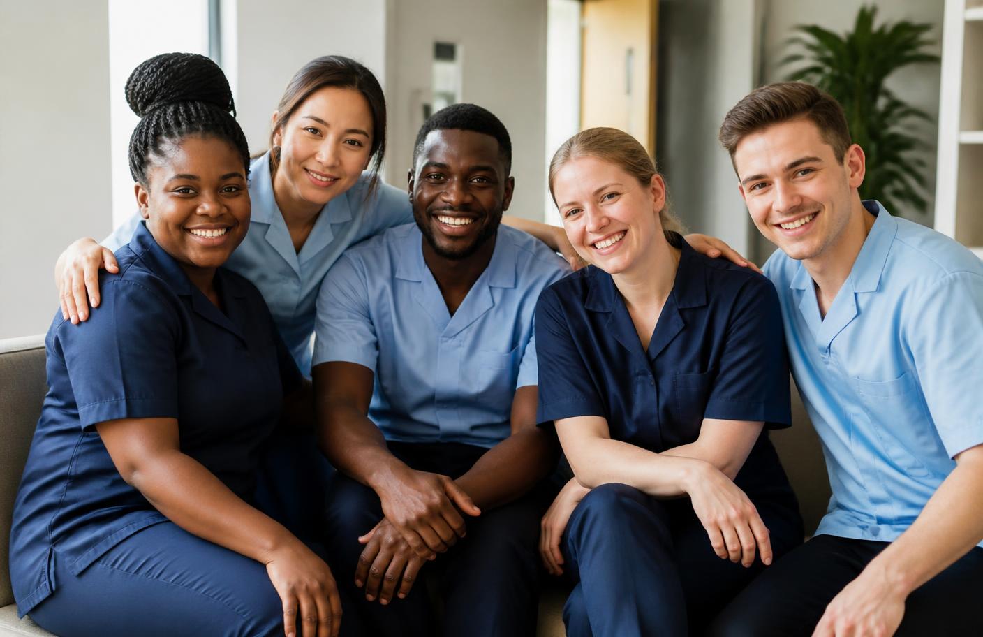 A diverse team of smiling care workers together in a bright office