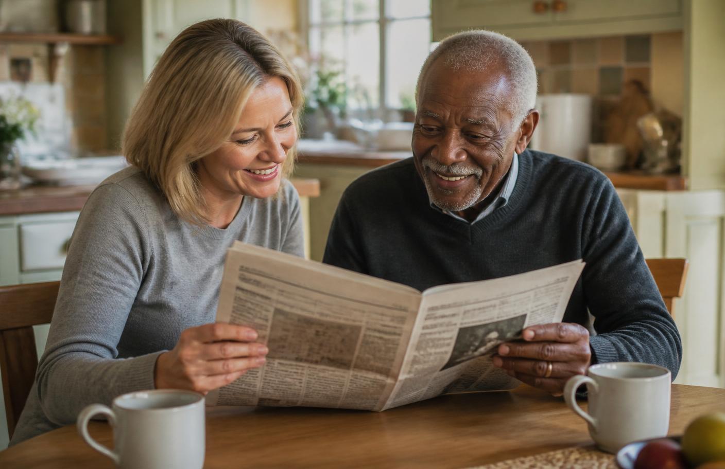 A carer and an older gentleman reading a newspaper together at a bright kitchen table
